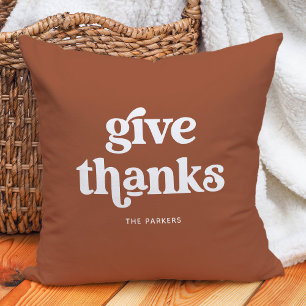 Give Thanks   Boho Retro Terracotta Throw Pillow