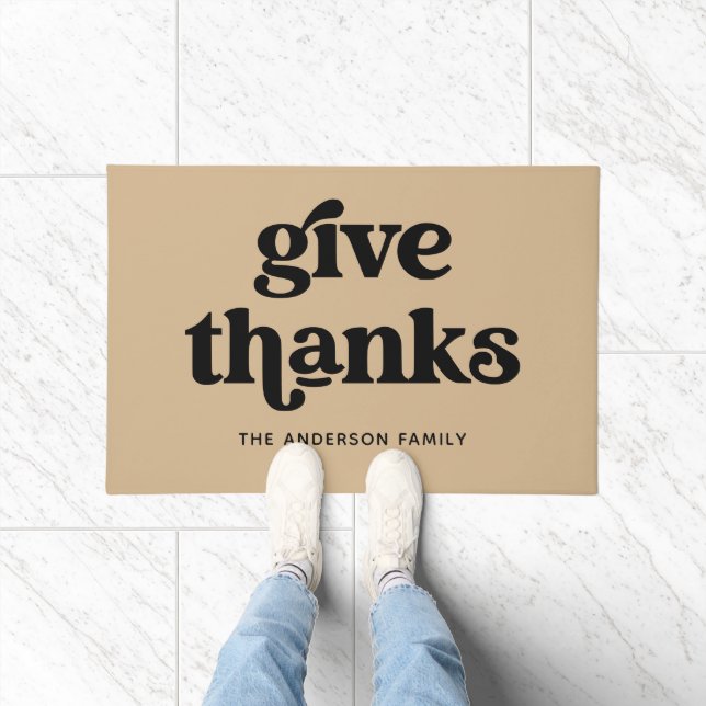 Give Thanks | Boho Retro Thanksgiving Tan Doormat (Indoor)