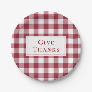 Give Thanks Burgundy Gingham Plaid Thanksgiving Paper Plate