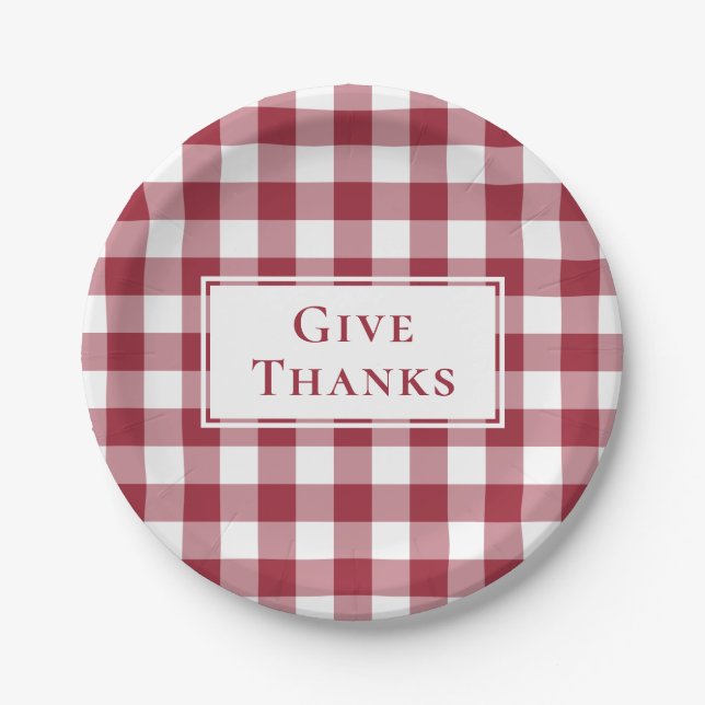 Give Thanks Burgundy Gingham Plaid Thanksgiving Paper Plate (Front)