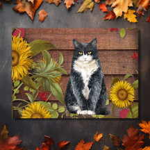 Give Thanks Cat and Sunflowers on Wood Autumn