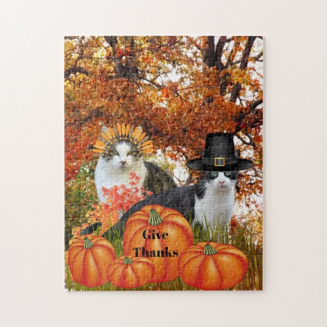 Give Thanks Cat Pumpkin Patch Thanksgiving Jigsaw Puzzle (Vertical)