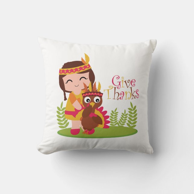 Give Thanks Cute Tribal Girl Thanksgiving Turkey Throw Pillow (Front)