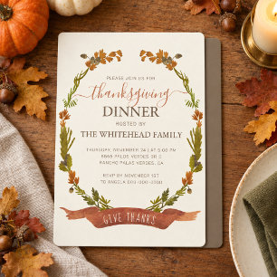 Give Thanks Fall Botanical Wreath Thanksgiving Invitation