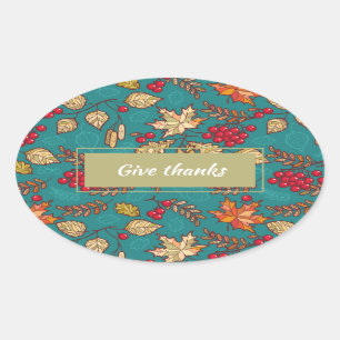 Give Thanks Fall Leaves Pattern Thanksgiving Oval Sticker