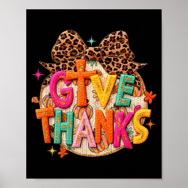 Give Thanks, Fall Leopard Coquette Bow, Preppy Tha Poster (Front)