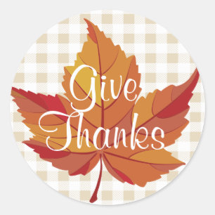 Give Thanks Fall Orange Leaf & Plaid Classic Round Sticker