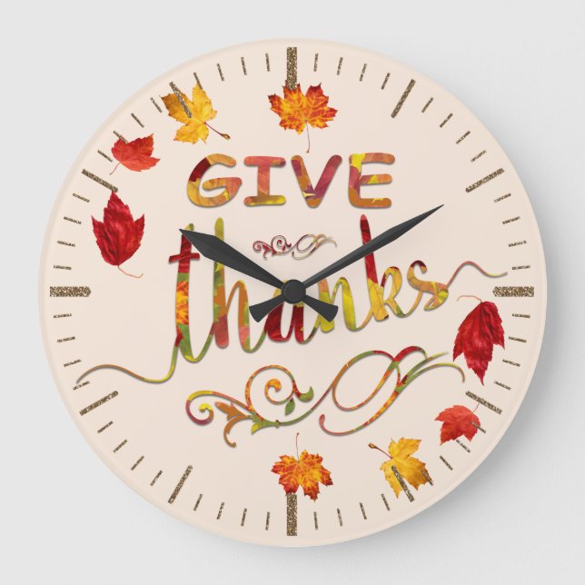 Give Thanks Fall Rustic Thanksgiving Monogram Large Clock (Front)