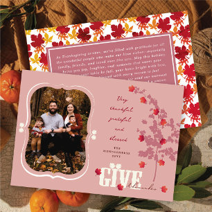 Give Thanks Falling Leaves Tree Thanksgiving Photo Holiday Card