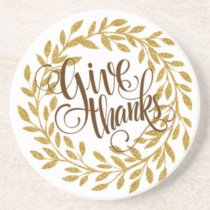 Give Thanks Fancy Text With Gold Wreath Coaster