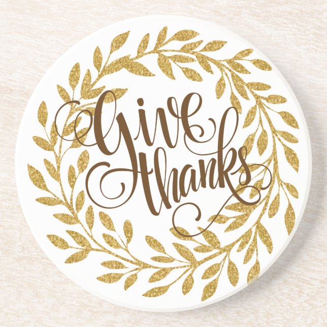 Give Thanks Fancy Text With Gold Wreath Coaster (Front)