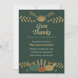 Give Thanks Green Gold Elegant Thanksgiving Invitation