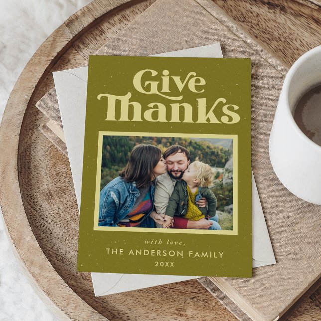 Give Thanks Green Retro Thanksgiving Photo Holiday Card (Creator Uploaded)