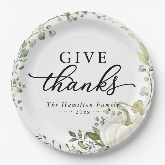 Give Thanks Greenery Pumpkin Thanksgiving Dinner Paper Plate (Front)