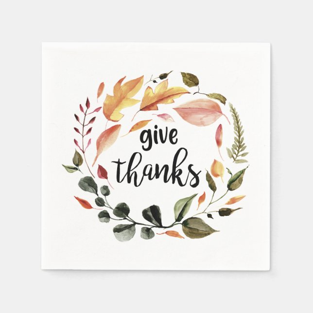 Give Thanks Hand Lettering Fall Leaves Wreath chic Napkin (Front)