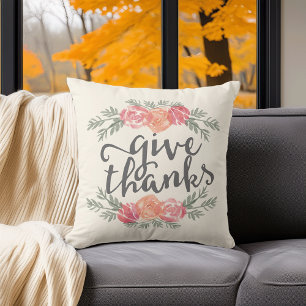 Give Thanks   Ivory Watercolor Floral Thanksgiving Throw Pillow
