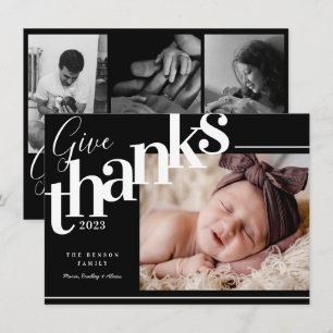 Give Thanks Modern Black Photo Holiday Card