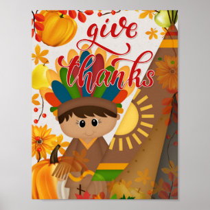 Give Thanks - Native American Boy & Tipi Poster