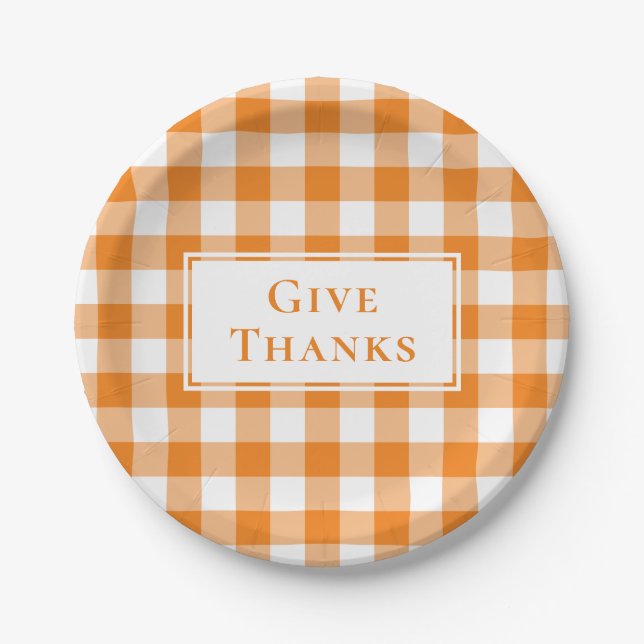 Give Thanks Orange Gingham Plaid Thanksgiving Paper Plate (Front)