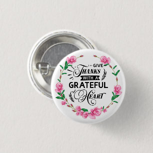 Give Thanks   Pink Floral Wreath 1 Inch Round Button