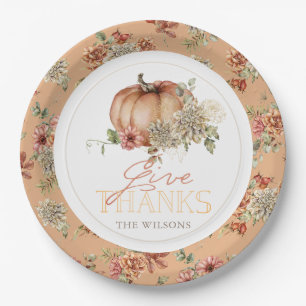 Give Thanks Pumpkin & White Dahlia Thanksgiving Paper Plate