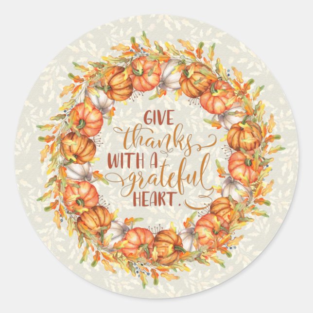 Give Thanks Pumpkin Wreath Classic Round Sticker (Front)