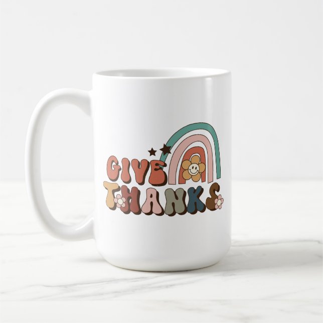Give Thanks Retro Rainbow Thanksgiving Coffee Mug (Left)