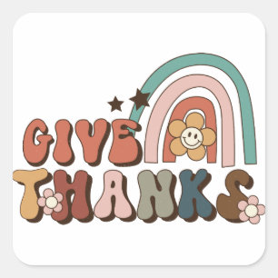 Give Thanks Retro Rainbow Thanksgiving Square Sticker