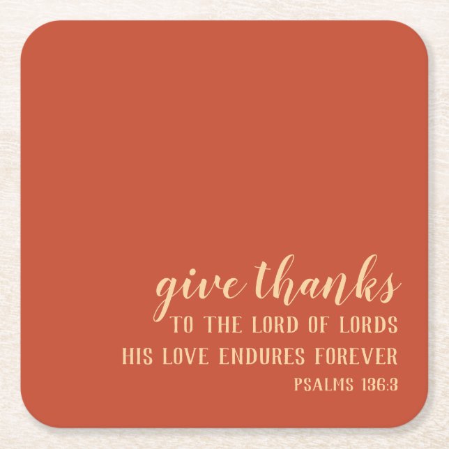 Give Thanks Scripture Simple Orange Thanksgiving Square Paper Coaster (Front)