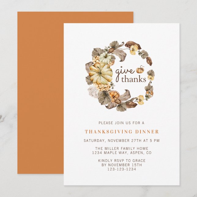 Give Thanks Simple Watercolor Thanksgiving Dinner  Invitation (Front/Back)