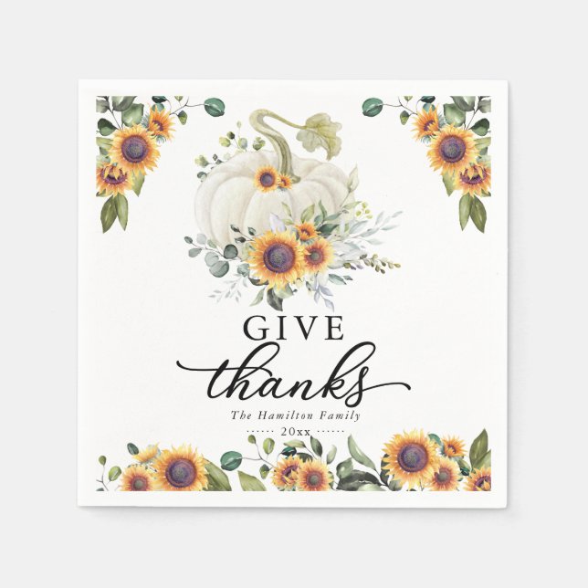 Give Thanks Sunflowers White Pumpkin Thanksgiving Napkin (Front)