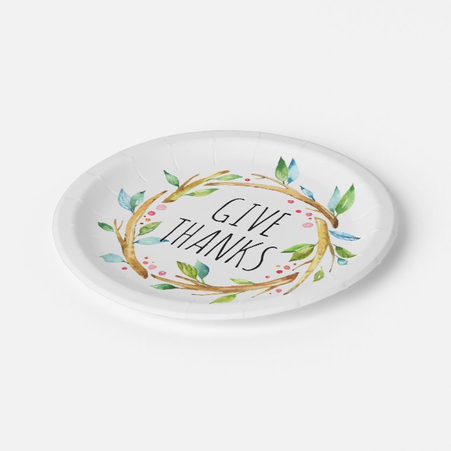 Give Thanks Text Cute Thanksgiving Wreath Paper Plate (Angled)