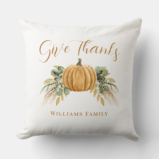Give Thanks Thanksgiving Autumn Pumpkin  Throw Pillow (Front)
