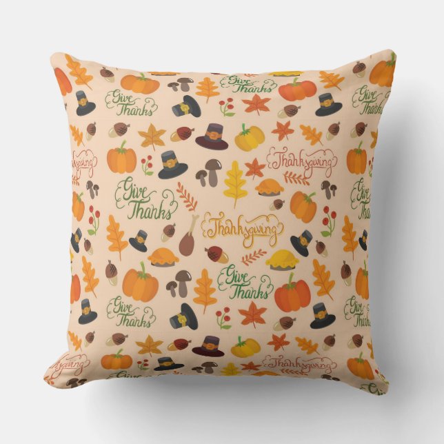 Give Thanks Thanksgiving Pattern Throw Pillow (Front)