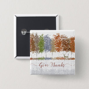 Give Thanks Thanksgiving Trees and Lone Deer 2 Inch Square Button