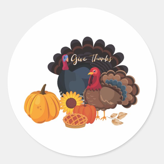 Give Thanks Thanksgiving Turkey and Pumpkins Classic Round Sticker (Front)