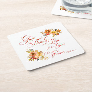 Give Thanks to the Lord fall watercolor floral  Square Paper Coaster
