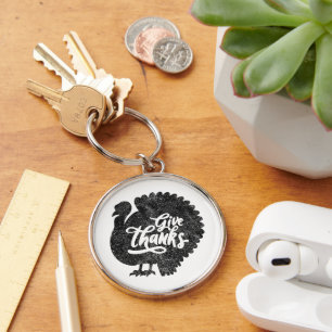 Give Thanks Turkey Thanksgiving Vintage Keychain