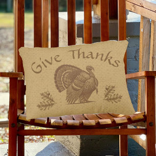 Give Thanks Vintage Distressed Faded Gold Turkey Accent Pillow