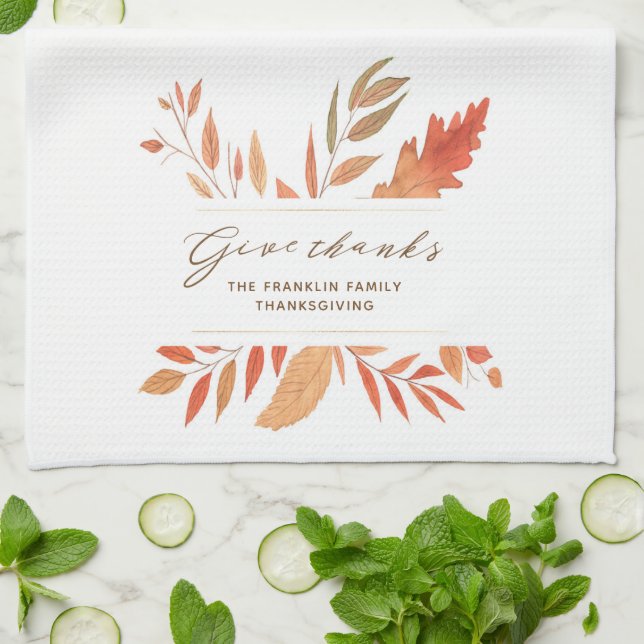 Give Thanks Watercolor Fall Foliage Thanksgiving Kitchen Towel (Folded)
