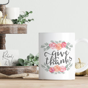 Give Thanks   Watercolor Floral Thanksgiving Coffee Mug