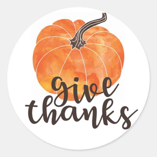 Give Thanks | Watercolor Pumpkin Classic Round Sticker (Front)
