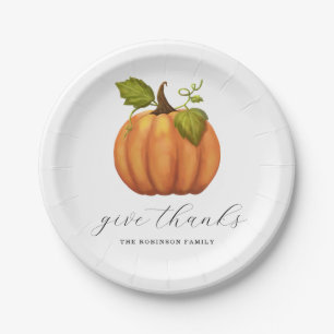 Give Thanks Watercolor Pumpkin Floral Thanksgiving Paper Plate