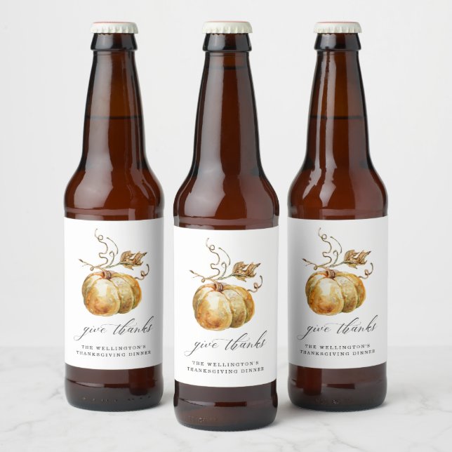 Give Thanks Watercolor Pumpkin Thanksgiving Beer Bottle Label (Bottles)