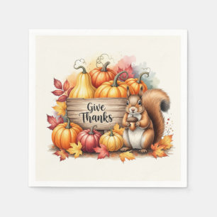 Give Thanks – Whimsical Squirrel & Pumpkin Harvest Napkin