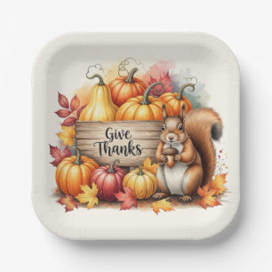 Give Thanks – Whimsical Squirrel & Pumpkin Harvest Paper Plate