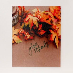 Give Thanks with Fall leaves Thanksgiving Jigsaw Puzzle