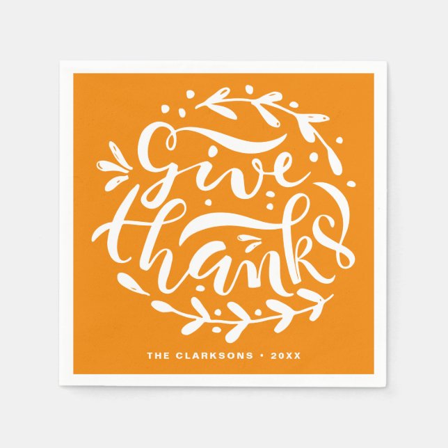 Give Thanks Wreath Thanksgiving Lettering Orange Napkin (Front)