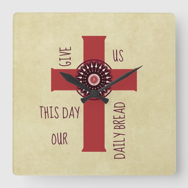 Give Us This Day Verse Decorative Cross Yellow Square Wall Clock (Front)