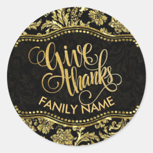 Giving thanks typography with gold damasks classic round sticker
